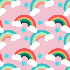 Colorful rainbow with clouds and stars on a blue background, repeating continuous pattern
