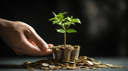 A hand delicately places coins onto a growing stack, intertwined with flourishing plants, all set against a vibrant green backdrop. This visual encapsulates the concept of investing in bonds, specific