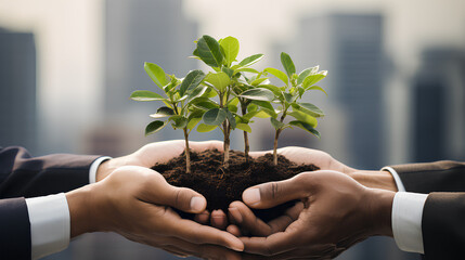 Collaborative efforts for the environment, where business leaders and the community come together to shield a young sprout with their hands. Envisioning the future of ecological preservation
