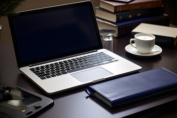  coffee and notebook with laptop on the desktop AI GENERATIVE