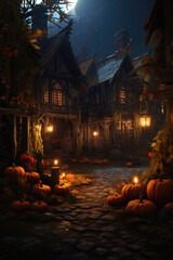 Fototapeta premium Halloween spooky background, scary jack o lantern pumpkins in creepy dark Happy Haloween ghosts horror mysterious night village street garden with old haunted house mystic backdrop.