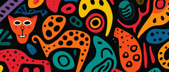 Hand-drawn vector art captures the essence of the 60s and 70s with seamless, retro animal print and lively, colorful shapes.