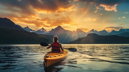 Woman kayaking in crystal clear mountain lake at sunset. Generative AI