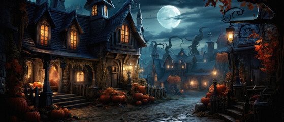 Halloween spooky background, scary jack o lantern pumpkins in creepy dark Happy Haloween ghosts horror mysterious night village street garden with old haunted house mystic backdrop.