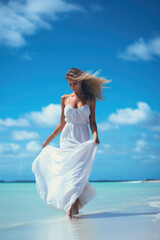 Fototapeta na wymiar Beautiful woman in a white flowing dress walking on the beach in the Maldives. Generative AI