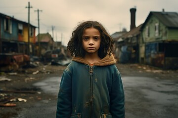 Fototapeta premium 7 year old mixed race girl in dystopian town | Generative AI