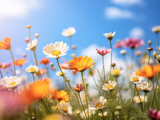Colorful daisies on the field, blue sky background. Low angle view