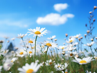 Field of daisies, blue sky with fluffy clouds. Summertime