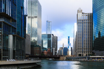 City and tall buildings with river