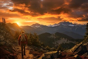 Obraz premium Capturing the Serenity of Nature: A Lone Hiker Amidst the Majestic Mountains, Basking in the Warm Glow of a Mesmerizing Sunset, generative ai 