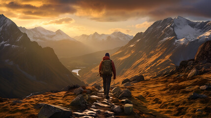 Capturing the Serenity of Nature: A Lone Hiker Amidst the Majestic Mountains, Basking in the Warm Glow of a Mesmerizing Sunset, generative ai 