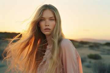 Fototapeta na wymiar portrait of a woman/model with long pastel blonde hair in sunset setting in a fashion/beauty editorial advertisement magazine style film photography look hair dye - generative ai art