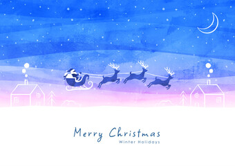 クリスマスの水彩の背景イラスト サンタとトナカイと幻想的な雪の夜