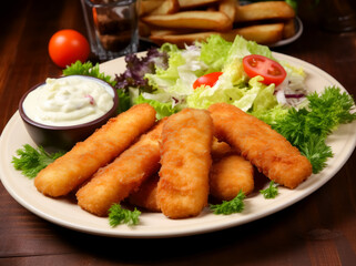 Fried fish sticks on a white plate with salad and dressing on a plate.