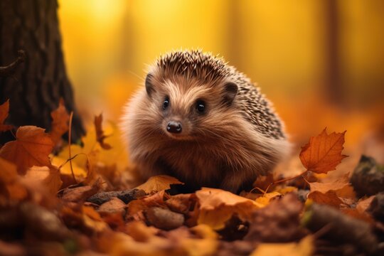 hedgehog sitting in autumn leaves