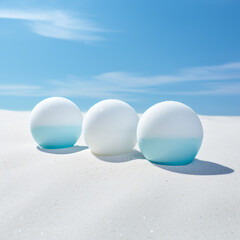 Surreal summer scene with three balls on a white sandy beach. Sunny day, blue sky.