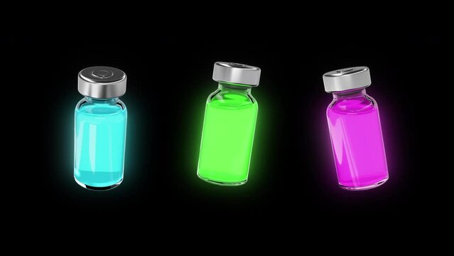 Bright ampoules or vials with vaccines on a transparent background. Concept of medicine, vaccination, hypodermic injections. Green Blue and Pink liquid in an ampoule.