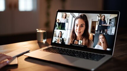 Woman looking and speaking through the webcam while making a video conference with laptop. 
