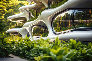Futuristic building with green plants on facade in forest in summer