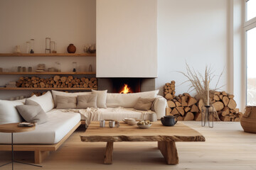 Fototapeta na wymiar Home interior rustic design with wood elements, fireplace and firewood