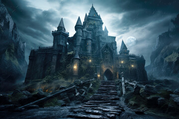 Dark Gothic haunted castle at mountains in rain on Halloween night