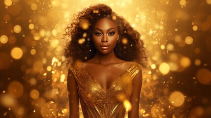 Photo of a woman in a stunning gold dress posing against a shimmering gold backdrop