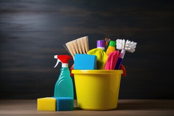 Bucket with cleaning products on the table on a gray background