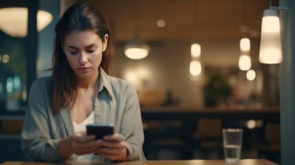 Photo of a woman engrossed in her phone at a table