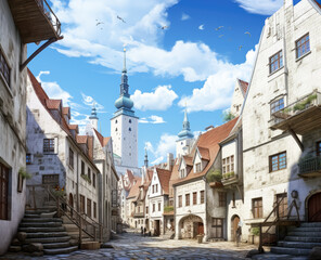Obraz premium The old buildings in Tallinn, Germanic town, contemporary take on medieval art, realistic blue skies, gothic architecture.