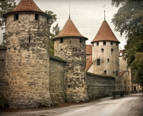 Fototapeta na wymiar Large stone towers in Tallinn, medieval-inspired. 