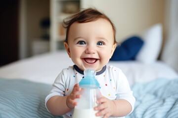 cute happy little baby holding a feeding bottle with milk and smiling. Milk formula for babies - Powered by Adobe