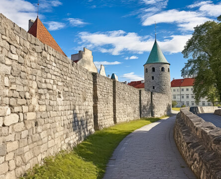 Large stone towers in Tallinn, medieval-inspired.

