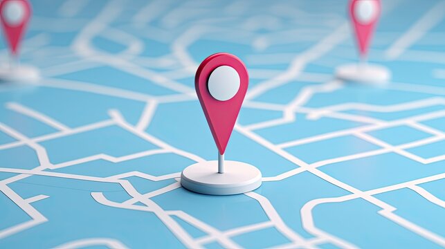3D Map travel location. Locator mark of map and location pin or navigation icon sign on background with search. 3D rendering.