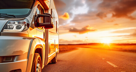 Family vacation travel RV, holiday trip in motorhome. Motorhome RV parked on the side of the road at sunset. Travelers with camper van are resting on an active family vacation, digital ai - obrazy, fototapety, plakaty