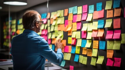 Web designer is working with brainstorming board full of sticky note from colleague
