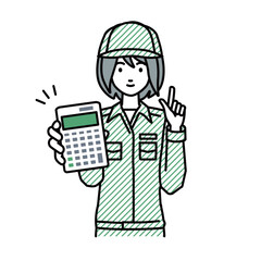 立って電卓を持ってこちらに向けて見せている作業員の女性
