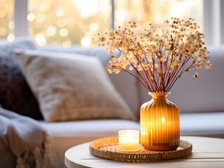 Cozy autumn interior decor arrangement, warm fall home decoration composition, dried flowers in vase - obrazy, fototapety, plakaty