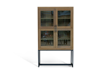teak wood wardrobe with glass doors white background