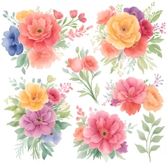 Behang Set watercolor flowers painting, Flower bouquet colorful, flowers set for invitation, greeting card, decoration, Peony, ranunculus. Floral pastel watercolor arrangement. Isolated on white background. © chanjaok1