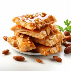 Pieces of delicious peanut brittle with a white background. Generative AI.  - obrazy, fototapety, plakaty