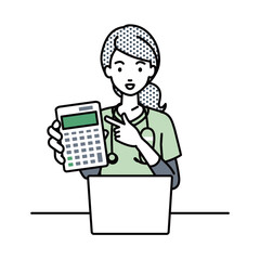 座ってデスクでノートPCを開いて電卓を指差してこちらに向けて見せている看護師の女性