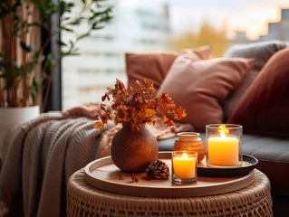 Fototapeten Cozy autumn interior decor arrangement, warm fall home decoration composition, dried flowers in vase © Daria Minaeva
