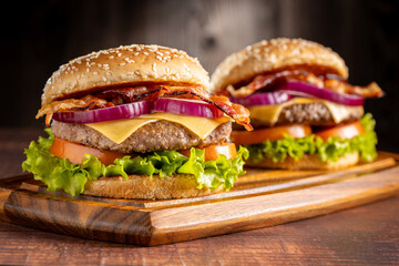 Delicious hamburger with meat, cheese, bacon and salad.