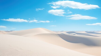 Endless desert with white sand stretching across the primeval desert. Landscape photography, desert background with patterns of sand waves against the blue sky