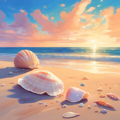 Obraz na płótnie Canvas Beautiful shells illustration on the Brazilian coastline, beautiful sunset. Digital art of sand castle on sunrise on an amazing beach vacation. Drawing of sand, clouds and sea.