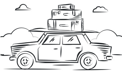 Sketch of a car with a pile of travel bags Vector