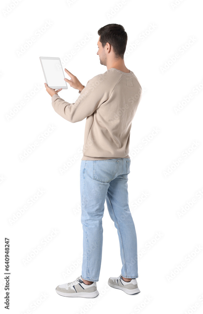 Poster man using tablet with blank screen on white background