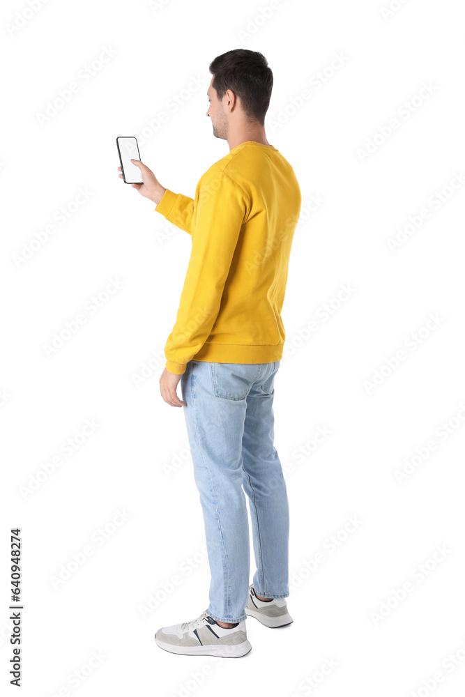 Poster man using smartphone with blank screen on white background