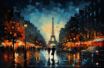 evening rain in paris  city ,romantic people walk with umbrellas ,car traffic blurred light on window,Autumn season ,impressionism art painting  - obrazy, fototapety, plakaty