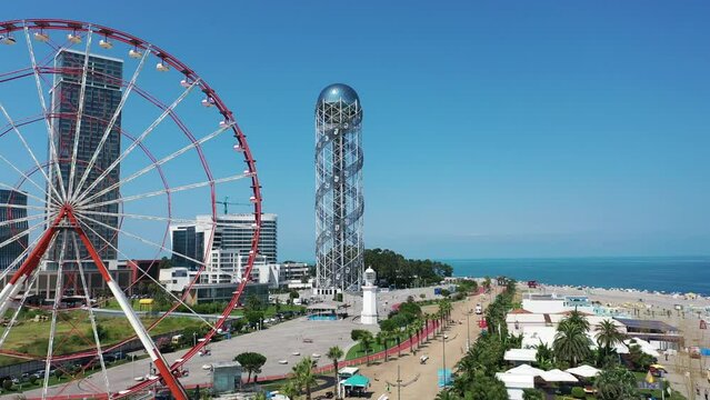 Fantastic aerial view of Batumi beach packed with tourists during summer. Batumi, Country of Georgia